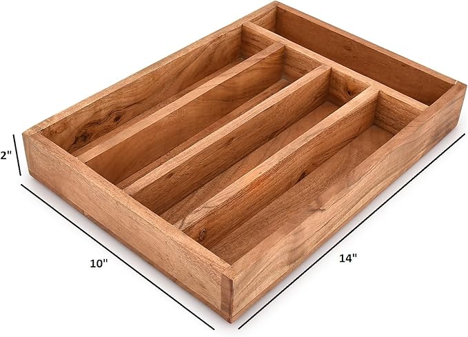 Flatware Organizers Acacia Wood Silverware Organizer, Utensil Drawer Organizer for Cutlery 5 Slots for Flatware Cutlery Knives (14" X 10" X 2")