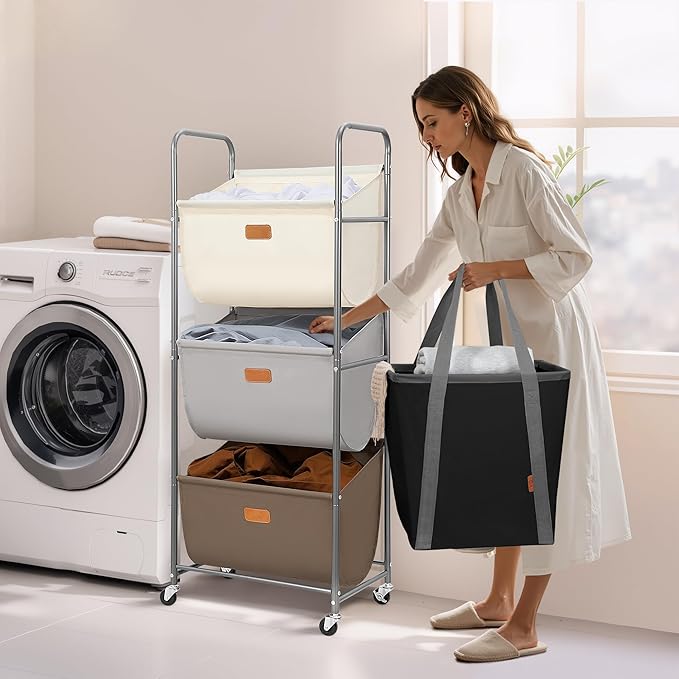 STORAGE MANIAC 120 Liters Vertical Rolling Laundry Hamper, 3 Section Laundry Sorter with Wheels and 2 Breaks, 3-tier Laundry Baskets for Small Space, Dorm, Laundry Room, Closet, Multicolored 3-tier