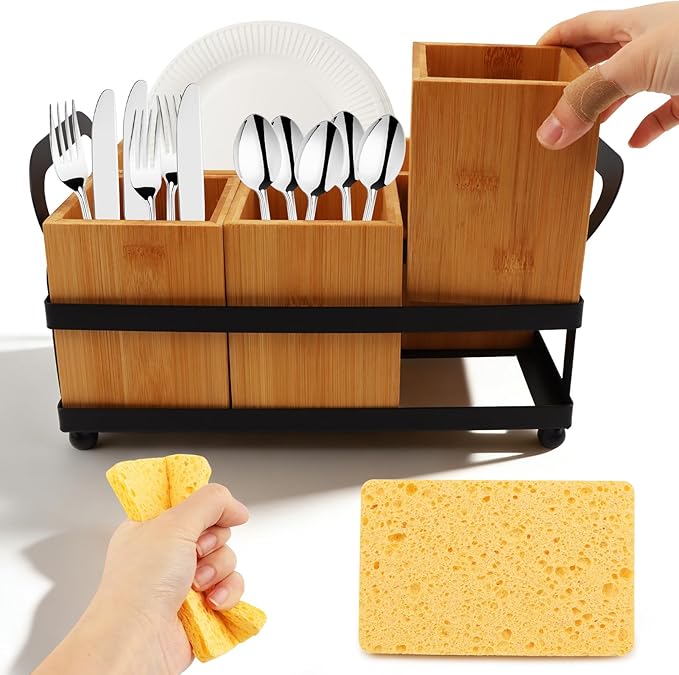 Silverware Caddy, Wood Silverware holder with 3 Compartment for Party,Detachable Portable Handle Utensil Caddy Cutlery Storage Containers for Kitchen Table (brown,Size:26.5 * 18 * 11.5cm)