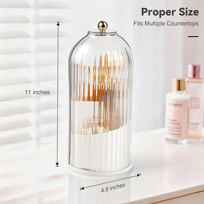 Hvygss 360° Rotating Makeup Brush Holder with Lid, Waterproof Three-Compartment Makeup Organizer, 180° Side-Pull Door Desk Organizer, Dustproof Brush Holder for Vanity and Bathroom (Transparent)