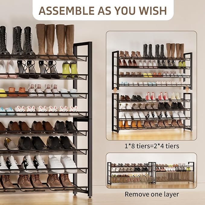 Metal Shoe Rack,Large 8 Tier Shoe Organizer, Heavy Duty Metal 4-Tier Stackable Shoe Storage Vertical Shoe Rack for Closet Front Door,Entrance,Entryway,Garage,Up to 50 Pairs,Black