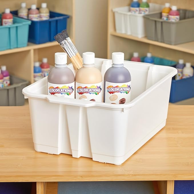 Really Good Stuff Stacking Bins, 14" x 10" x 5 .75" - 12 Pack, White, Stackable Storage Plastic Bins for Classroom Organization, Home Storage, Office & Hospital Supplies