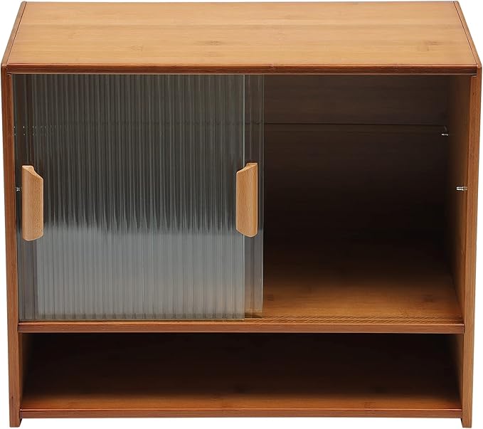 OUKANING 3 Tiers Small Bamboo Kitchen Pantry Sideboard with 2 Sliding Striped Glass Doors, Freestanding Kitchen Pantry Cabinet for Bottle, Dish, Bowl Console Dining Cupboard, Tea-Colored
