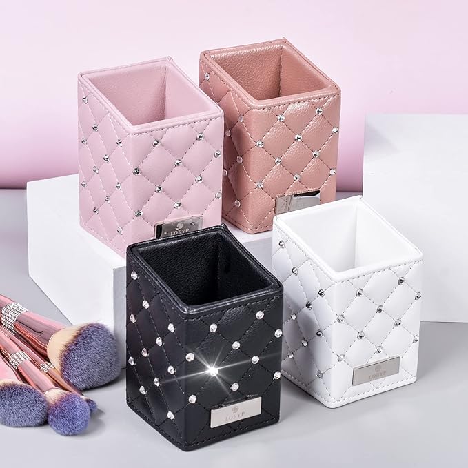 LORYP Makeup Brush Holder Crystal Brushes Cup White PU Make up Brush Case Bag Storage for Women (White)