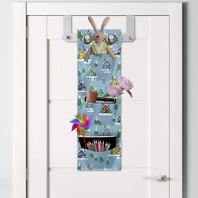 Ambesonne House Hanging Pocket Organizer, Rectangular Trilateral Homes Windows Door Knobs Snow on Pointy Trees Christmas Time, Printed Polyester Storage Bag with Pockets, 9" x 27", Multicolor