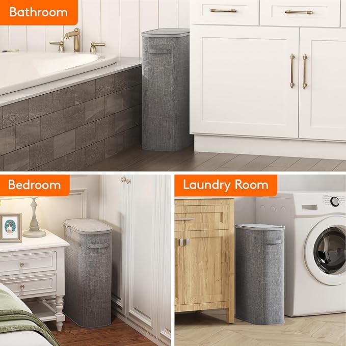 Lifewit Slim Laundry Basket with Lid, Narrow Large Laundry Hamper with Plastic Handles and Removable Bag, Tall Foldable Dirty Clothes Hampers for Laundry Room, Bedroom, Bathroom, Dorm, 65L Gray