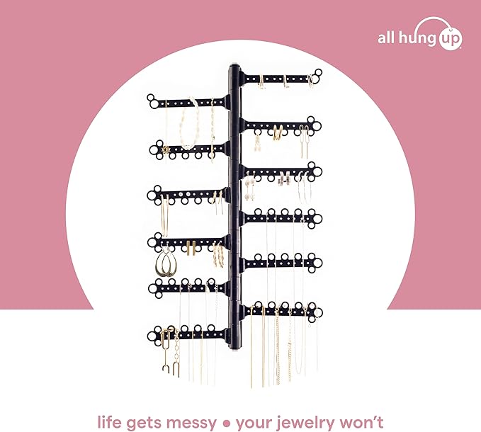 AllHungUp 12-Tier Wall Jewelry Organizer Wall Mounted Jewelry Organizer Necklace Holder Wall Mount Hanging Necklace Organizer Jewelry Hanger Wall Mounted Earring Holder Display Earring Organizer Black
