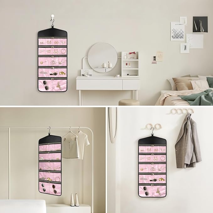 CHICECO Travel Jewelry Holder Organizer,Hanging Jewelry Organizer Storage with Zippered Pockets for Cloest,Jewelry Holder for Earrings, Necklaces (Pink Black)