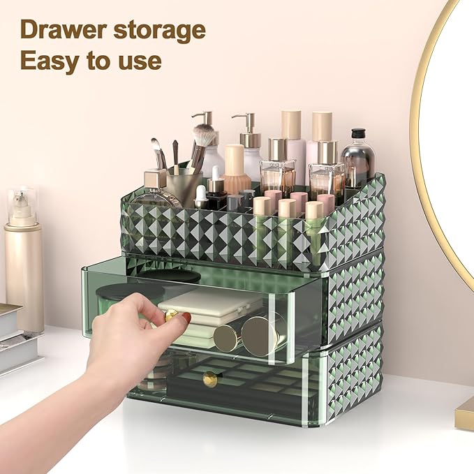 Makeup Organizer for Vanity, Stackable Cosmetics Organizer and Storage, Cosmetic Display Cases with 2 Drawers and 1 Tray for Makeup Brush, Hair Accessories, Lipstick and Jewelry, Green