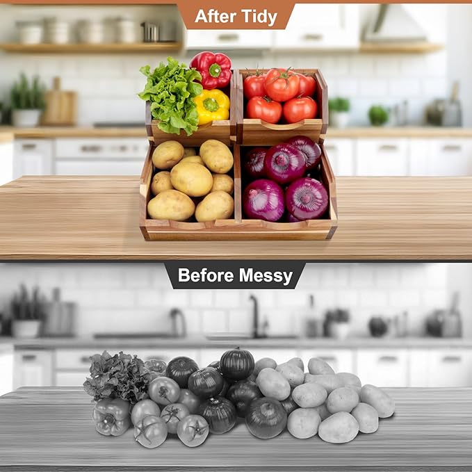 Acacia Wood Pantry Storage Bins, Stackable Potato and Onion Storage Bins for Kitchen Countertop, Set of 3 Wooden Pantry Organizer Baskets for Fruit, Vegetable, Snack