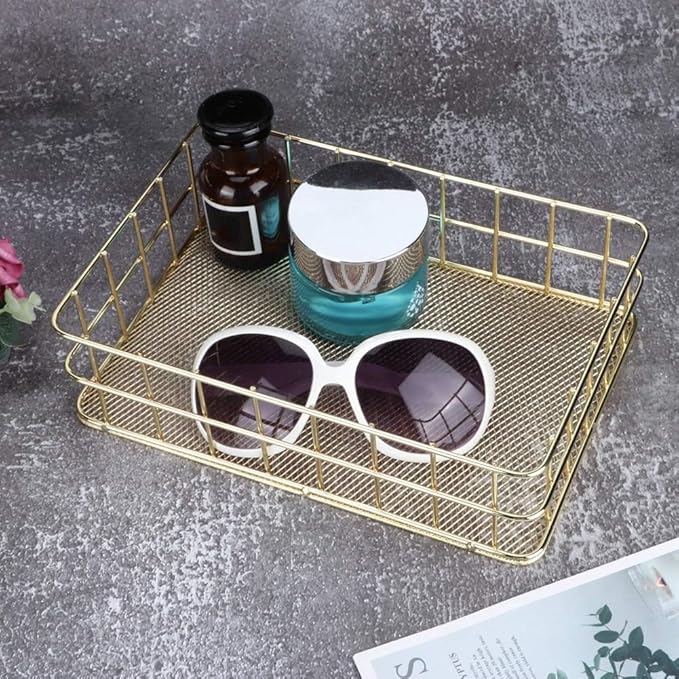 2Pcs Wire Mesh Baskets, 9.6 x 6.5in Golden Desktop Metal Storage Basket Iron Grid Storage Tray Net Basket Storage Bins
