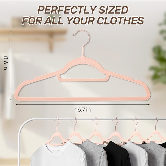 Sishynio Velvet Hangers 30 Pack with Rose Gold Hooks, Non-Slip, Space Saving & Heavy Duty Slim Flocked Hangers for Clothes, Dresses, Suits, Coats & Pants(Pink)