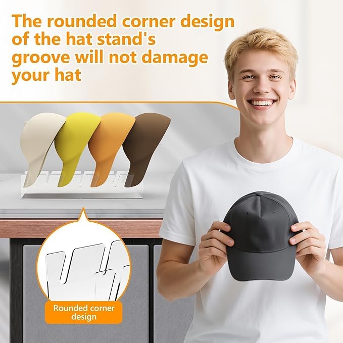 Hat Stand Organizer for Baseball Caps, No Install Acrylic Hat Holder for 14 Baseball Caps, Hat Rack Closer Display and Organization for Bedroom, Dresser, Closet Accessories(2Pcs, Clear)