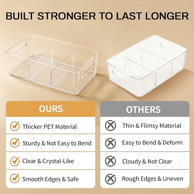Mpotmiy 10 Pack Pantry Organizers and Storage,Clear Plastic Containers with 2 Dividers for Kitchen,Fridge Organization and Storage,Acrylic Bins for Pounches,Spice Packet,Snack organzier