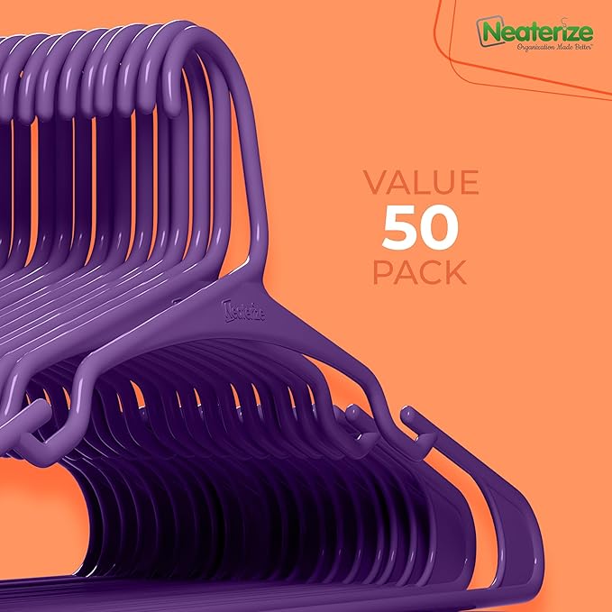 NEATERIZE Clothes Hangers Plastic 50 Pack For Adults - Plastic Hangers, The Perfect Coat Hanger and Space Saving Clothes Hangers for Closet, Percheros Ganchos para Colgar Ropa Hangars - Purple Hangers