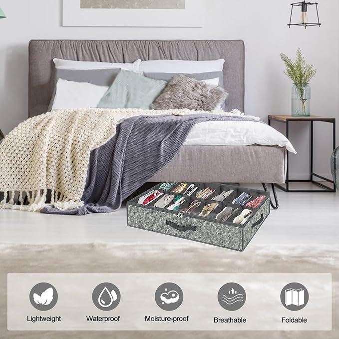 homyfort 28 Pairs Shoe Organizer Under Bed, Underbed Shoe Storage Boxes Bins, Organizador De Zapatos, Extra Large Zapateras Organizer, Grey, Set of 2