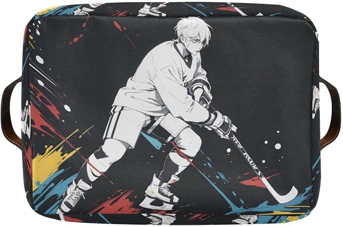 Storage Basket Hockey Player Durable Canvas Collapsible Toy Box Organizer Bin with Handles for Shelf Closet Bedroom Home Office
