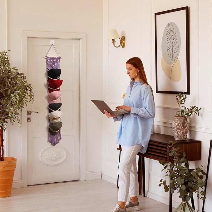 jontell Ball Cap Hanger-1 Pack-Boho Macrame Cap Holder Wall Hat Organizer for Baseball Cap Holder Over Door, Hat Rack for Wall, Cap Rack for Decoration and Display(purple)