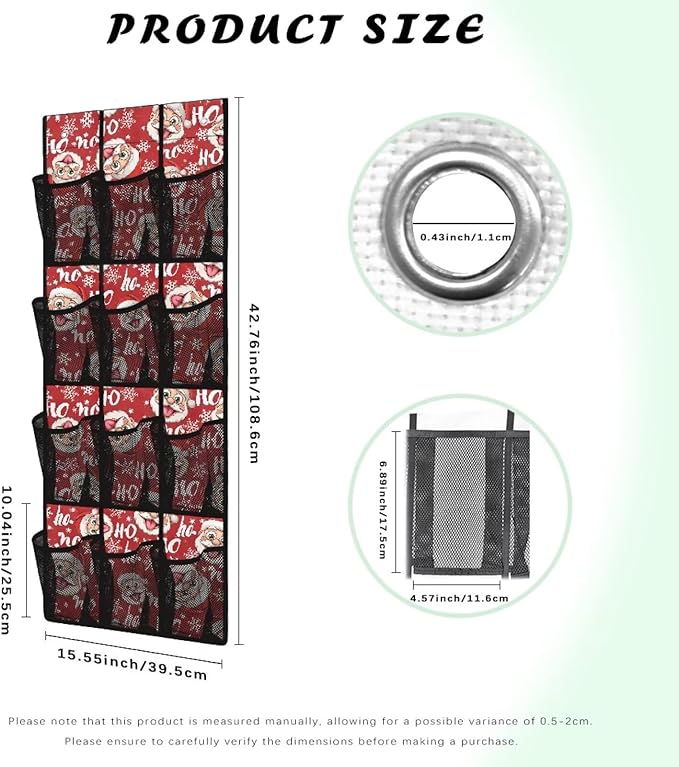 Kawaii The Santa Claus Door Hanging Shoe Organizer for Xmas Home Decor,Mesh Fabric Door Organizers and Storage Space Saving with 12 Pockets Wall Hanging Storage 4 Metal Hook