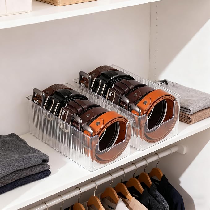 2-Pack Acrylic Belt Organizer for Closet & Drawer, Clear Belt Holder Display with 8 Detachable Compartments, Adjustable Storage Box for Belts, Ties, Bows, Wallets, and Jewelry