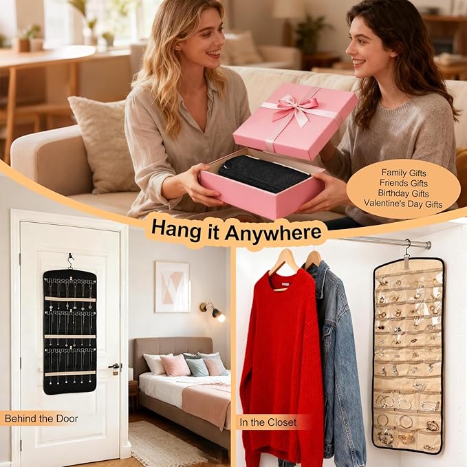 Hanging Jewelry Organizer Storage Roll with 39 Clear Pockets Double-Sided Foldable, Necklace Organizer Tangle Free, Travel Jewelry Holder for Earrings, Rings, Bracelets, Hanging on Closet, Wall, Door