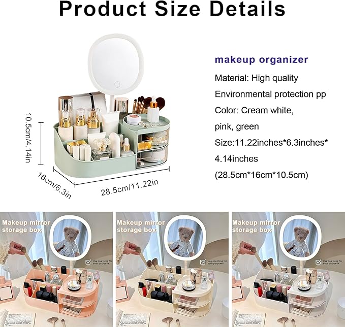 DASITON Makeup Organizer with Rechargeable Mirror,Makeup Brush Holder with 2 Drawers,Skincare and Cosmetics Organizer Countertop,Large Capacity Cosmetic Display Case for Vanity,Bedroom,Bathroom(Green)