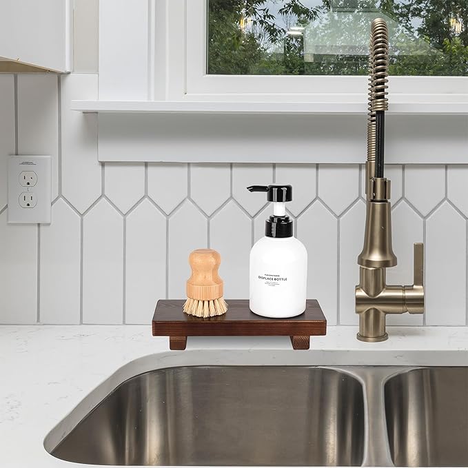 Bathroom Counter Organizer Wood Pedestal Stand Farmhouse Decorative Tray Soap Holder for Kitchen Decor, Small, Walnut