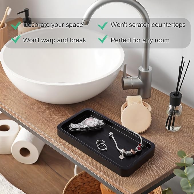 ALELION 8" Bathroom Vanity Tray for Counter - Wood Tray for Dresser Tops Perfume Jewelry Candle Key Catchall - Black Kitchen Countertop Organizer for Soap Dispenser and Sponge Holder