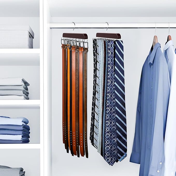 2 Pack Tie Rack & Belt Hanger 2 in 1 Tie Hanger Space Saving Max 42 Belts& 60 Ties Capacity for Closet Organizers and Storage, Sturdy Wood Belt & Tie Closet Organizers and Storage