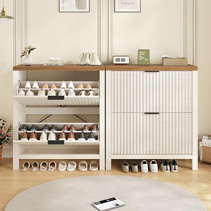 YOMILUVE Shoe Cabinet Storage for Entryway, Fluted Shoe Cabinet with 2 Flip Drawers, Hidden Shoe Rack Tall Freestanding Shoe Organizer with Legs for Hallway, White