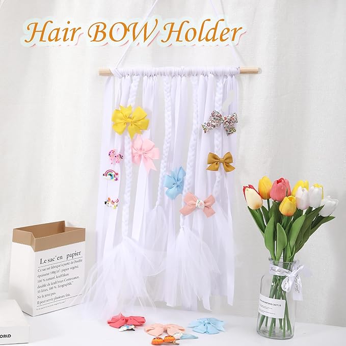 YOcity Bow Holder for Girls Hair Bows Organizer for Girls with Lace Ribbon Perfect for Baby Girl Nursery Room Decor (White)