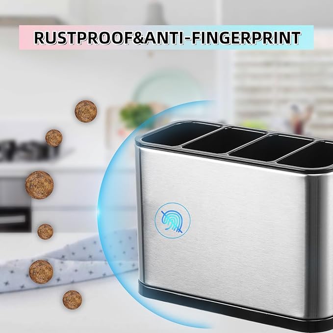 Kitchen Utensil Holder,Utensil Holder for Countertop,Silverware Organizer Stainless Steel Utensil Caddy,Flatware Spoon Knife Fork Cutlery Holder 4 Compartment Caddy