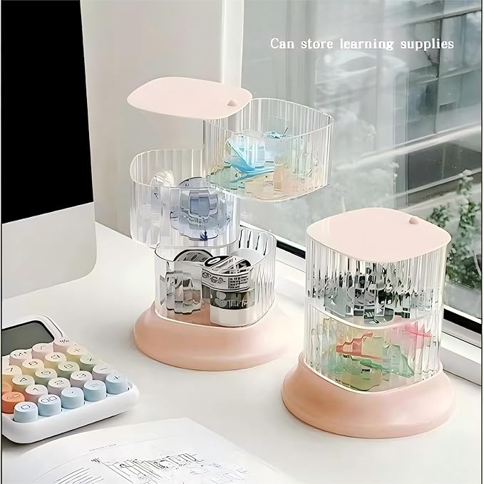 Hair Accessory Organizer, 2-Layer Rotating Clear Hair Tie Organizer for Hair Clips, Headbands, Hair Ties, Earring, Necklace, Ring, Jewelry Boxes & Organizers for Girls & Women (2 Layer-Pink)