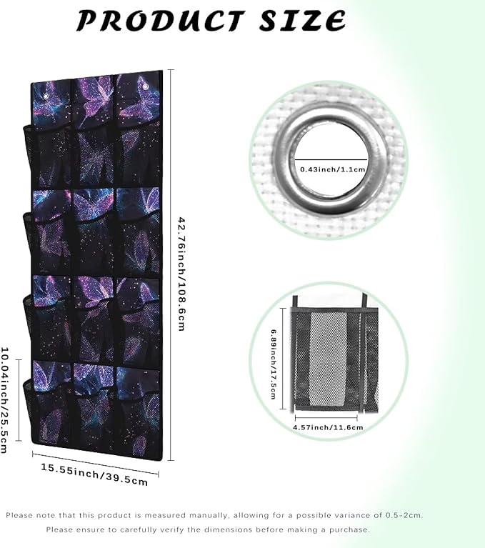 Shoe Organizer Door Hanger,Dreamy Butterfly Design Storage for Small Spaces,Over the Door Shoe Organizer with 12 Mesh Large Pockets Waterproof Reusable