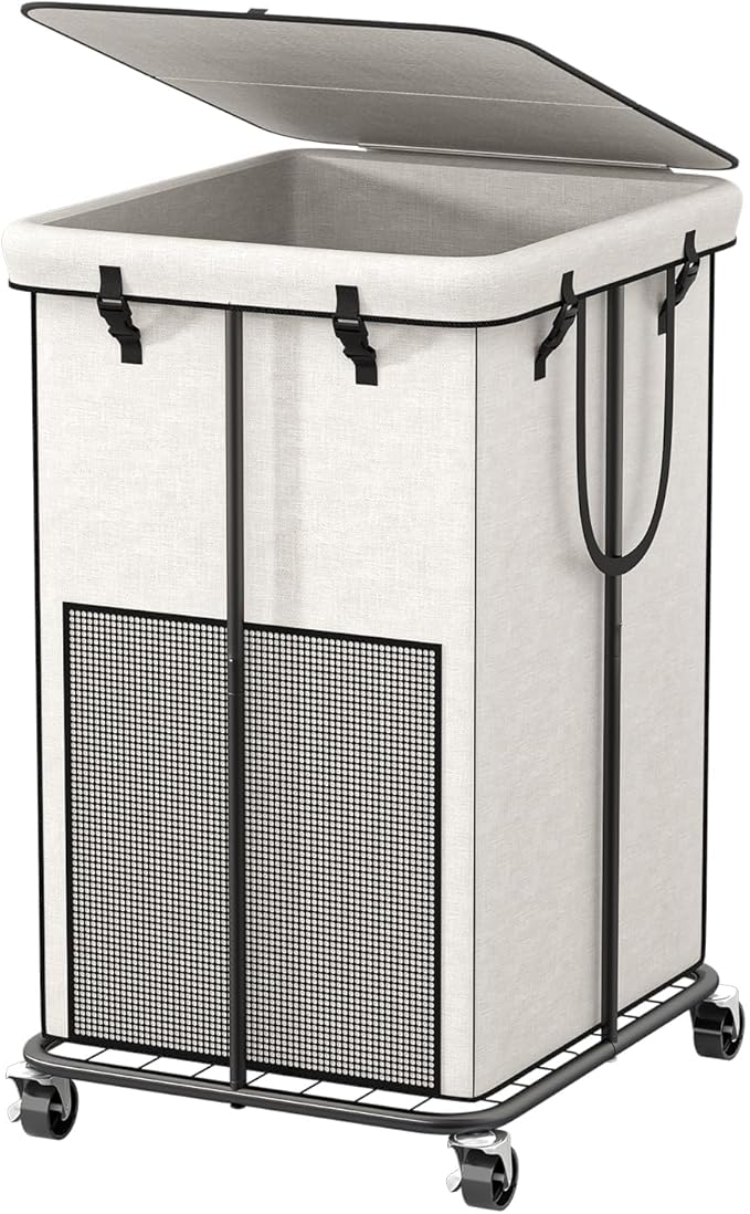 40 Gal Large Laundry Hamper with Lid, Rolling Laundry Basket with Wheels, Oxford Fabric Dirty Clothes Hampers with Removable Laundry Bag & Metal Frame for Bedroom, Laundry Room, Bathroom, Dorm(White)