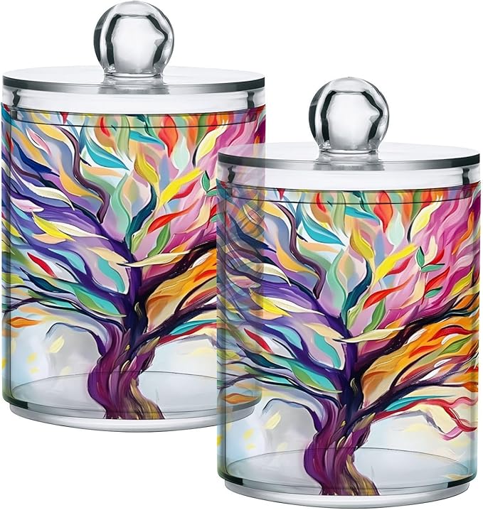 4 Pack Qtip Holder Dispenser Rainbow Life Of Tree Plant Cotton Ball Swab Round Pads Floss Clear Bathroom Storage Containers Plastic Apothecary Jars with Lids
