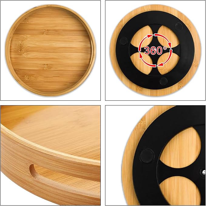Wooden Lazy Susan Organizer for cabinet-12 Inch Bamboo Kitchen Turntable Organizer with Double Handles-Large Bamboo Lazy Susan for Table Top, Countertop, Cabinet, Pantry, Dining Table