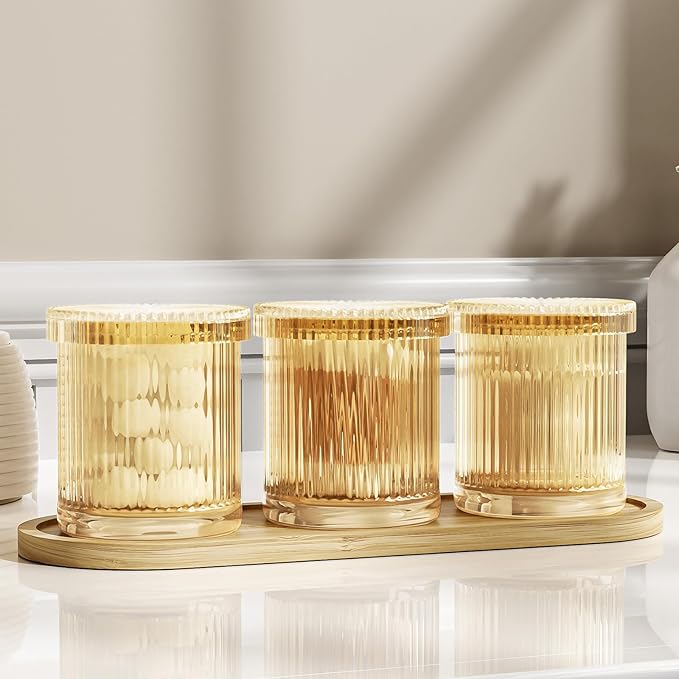 BSSN Glass Cotton Swab Holder Set of 3 with Bamboo Tray, Qtip Holder Dispenser for Bathroom Vanity, Amber Apothecary Jars with Lids for Cotton Balls, Swabs and Makeup Pads