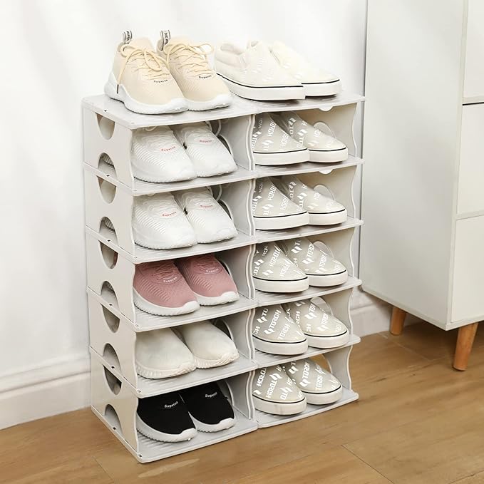 6-Tier Shoe Rack,Stackable Shoe Storage Organizer for Bedroom Entryway, Adjustable Shoe Rack,Shoe Slots Organizer Shelf, Easy Clean Shoe Tower Rack,White