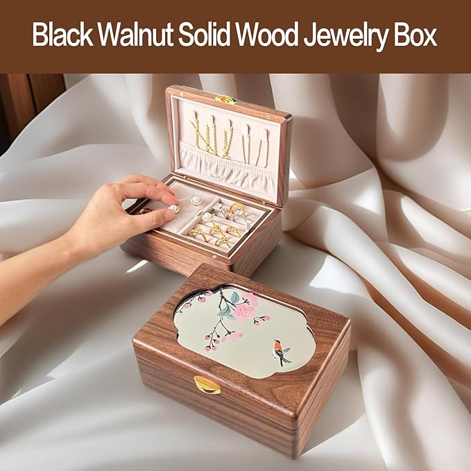 Travel-Friendly Portable Black Walnut Jewelry Box, 2-Layer Classic Organizer, Velvet Lined Storage for Rings, Necklaces, Earrings - Ideal Gift for Birthday, Mother's Day, Anniversary,Getaways
