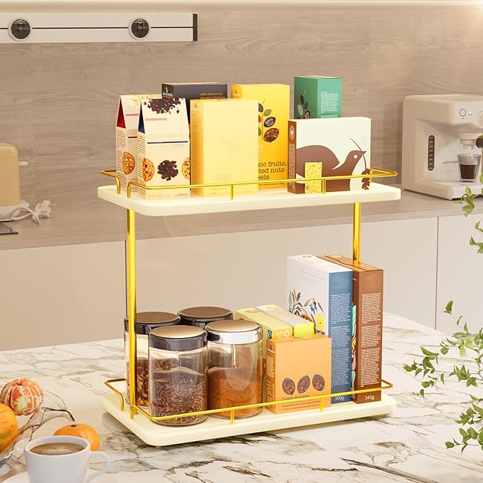 REFGY 2 Tier Bathroom Countertop Organizer, Solid Wood Desktop Storage Shelf with Gold Metal Frame, Versatile Spice Rack & Makeup Organizer for Kitchen, Dresser, Home Essentials