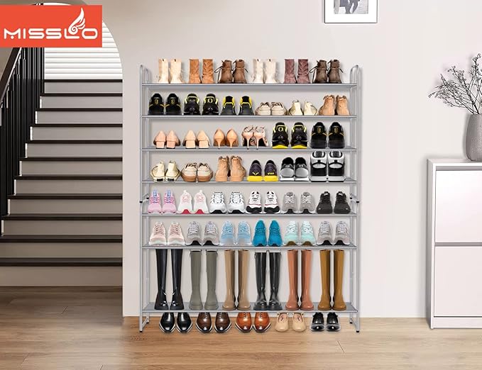 MISSLO 4 Tier Long Shoe Organizer for Closet Shoe Rack for Bedroom Closet Floor Shoe Shelf for Entryway Storage Stackable Wide Shoe Shelf Stores 30 Pairs of Men Sneakers, Grey