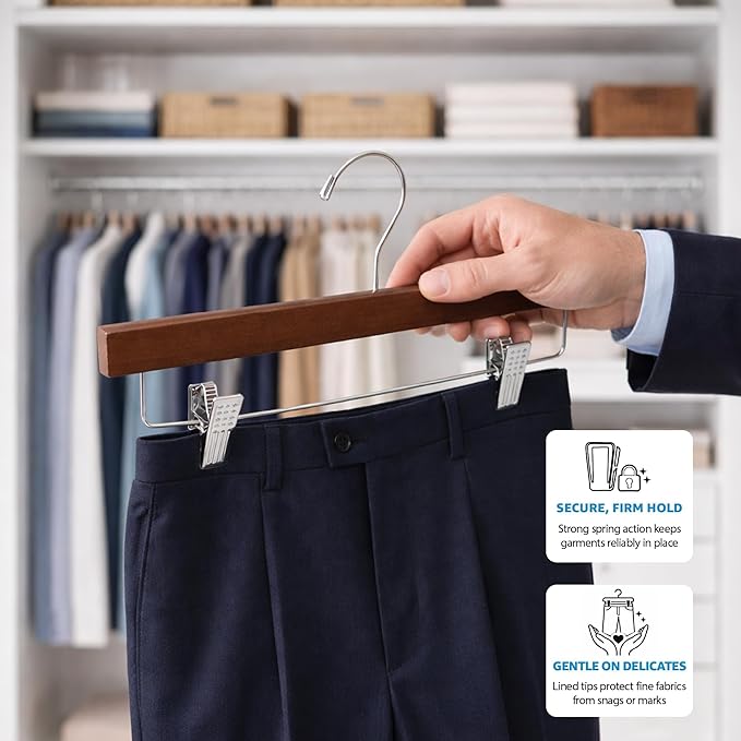 ZOBER Wooden Pants Hangers with Clips - 10 Pack Premium Wood Skirt Hangers for Women, Heavy Duty Wooden Hanger with Adjustable Metal Grip Clips for Jeans and Shorts, Smooth Finish, Vintage Wood