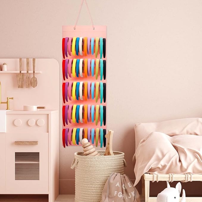 Tudomro Hanging Headband Holder for Girls Felt Hair Accessories Organizer with 60 Elastic Bands Bow Hanger for Girls Hair Bows Without Headbands(Pink,Plain Style)