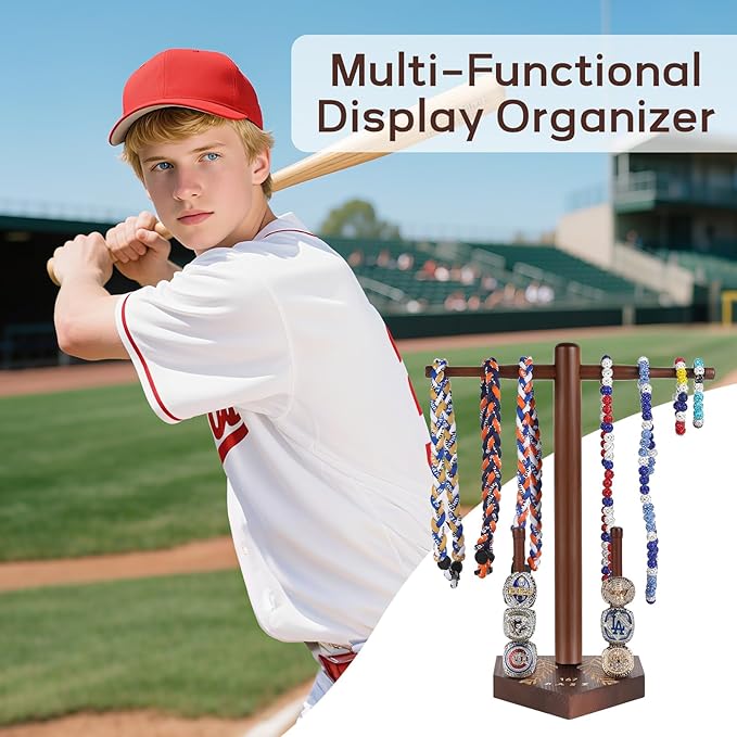 Baseball Necklace and Ring Display Holder, Wooden Sports Jewelry Organizer for Baseball or Softball Drip Pendants & Championship Rings, with 2 Gold Stickers for Custom Text