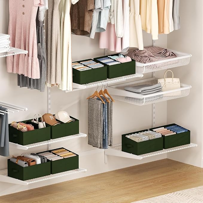 DIMJ Large Closet Shelf Organizer Bins 4 Packs with Handles and Divider, Fabric Trapezoid Storage Baskets, Foldable Clothes Containers Box for Shelf, Towel, Book, Toy, Purse, Hats, Green