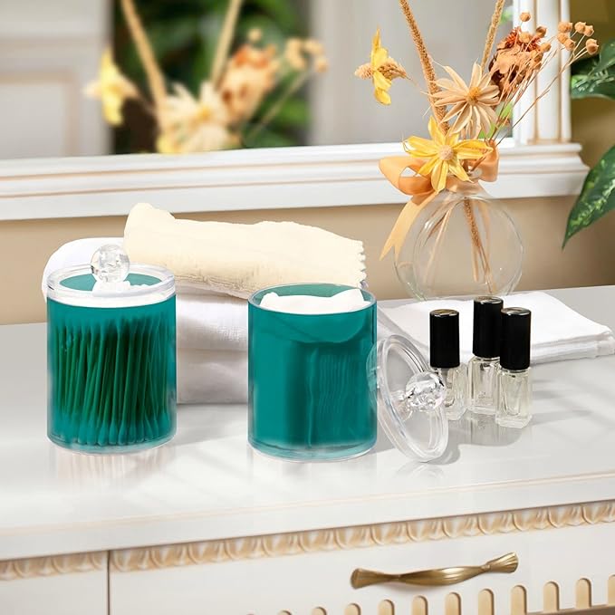 Dark Cyan Qtip Dispenser Apothecary Jars Bathroom Qtip Holder Storage Canister 10 Oz Plastic Jar for Cotton Ball Swab Round Pads Floss 2pcs