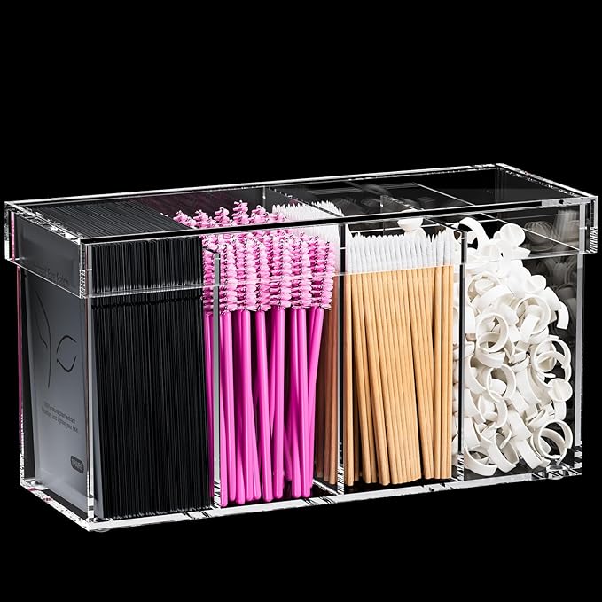Lash Extension Organizer with Lid, Acrylic Lash Organizer for Lash Techs, Lashes Supplies Container for Vanity with Anti-Slip Pads, Clear Storage Box for Eyelash Tools Makeup Brush Hair Accessories