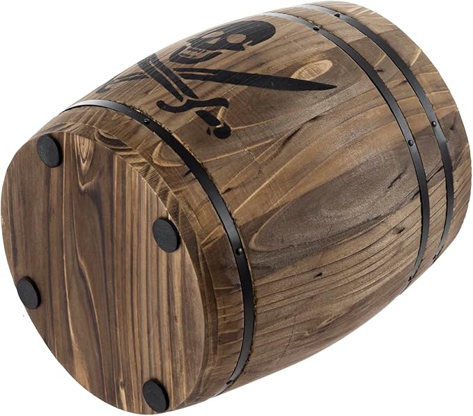 MyGift Rustic Burnt Wood Pirates Rum Cask Style Kitchen Utensil Crock, Vintage French Wine Barrel Cooking Tools Holder with Skull and Cutlass Sword Design