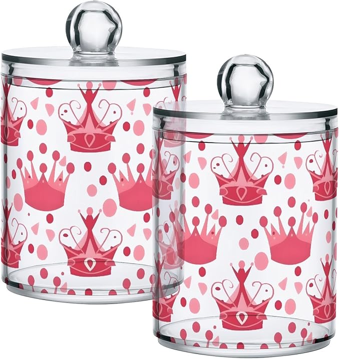 4 Pack Qtip Holder Dispenser Crown Pink Polka Dots Cotton Ball Swab Round Pads Floss Clear Bathroom Storage Containers Plastic Apothecary Jars with Lids